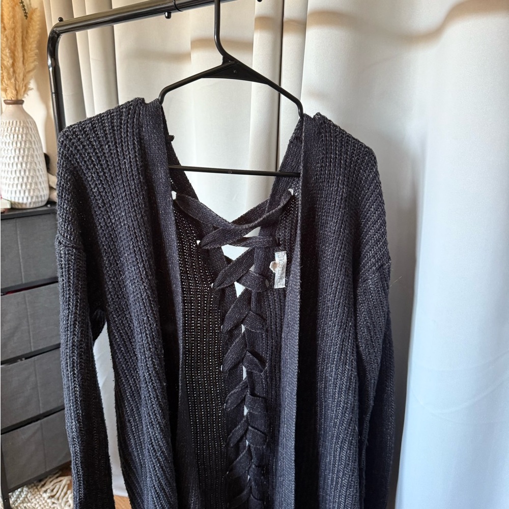 Black Knit Cardigan with Lace-Up Back